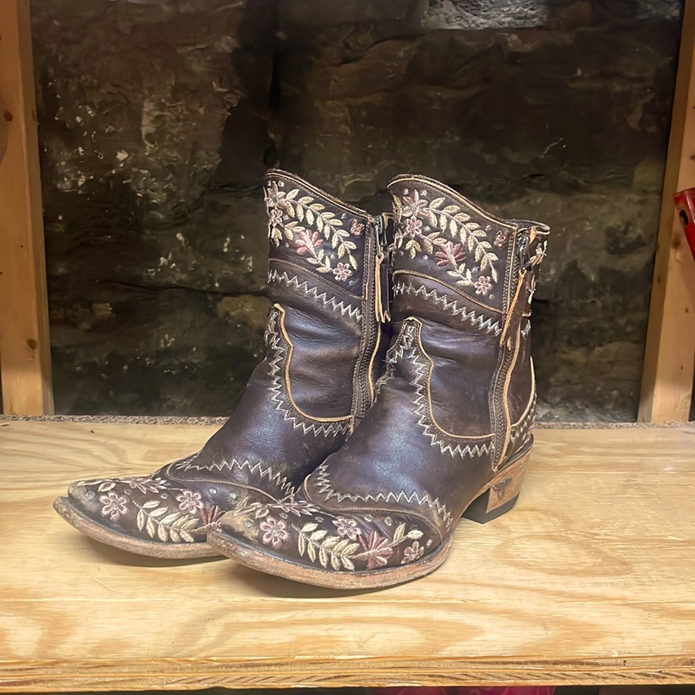 LANE Western Floral Cowboy 7 Toe Boots Dual Zipper Leather Sole Handmade